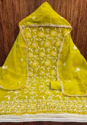 Light Green Embroidered Cotton Blend Dress Material