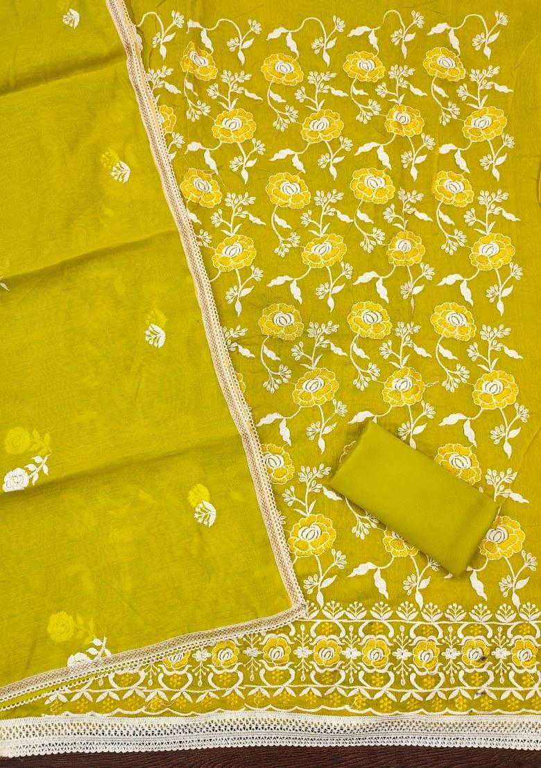 Light Green Embroidered Cotton Blend Dress Material - Indya