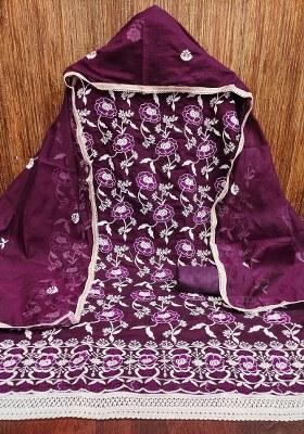 Purple Embroidered Cotton Blend Dress Material