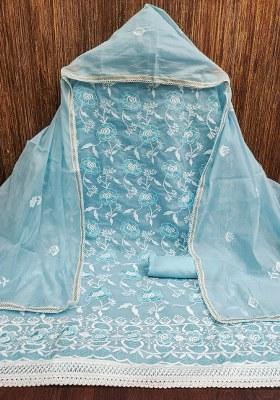 Sky Blue Embroidered Cotton Blend Dress Material