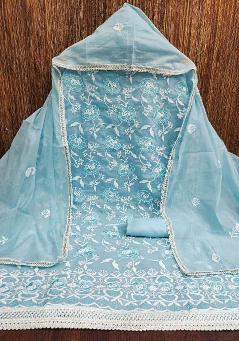 Sky Blue Embroidered Cotton Blend Dress Material