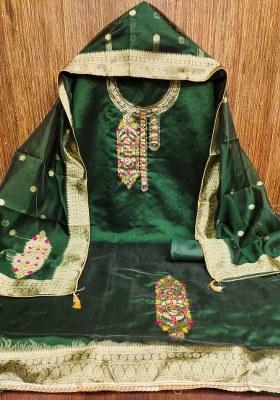 Green Embroidered Jacquard Dress Material