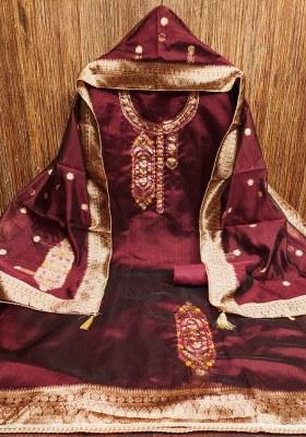 Maroon Embroidered Jacquard Dress Material