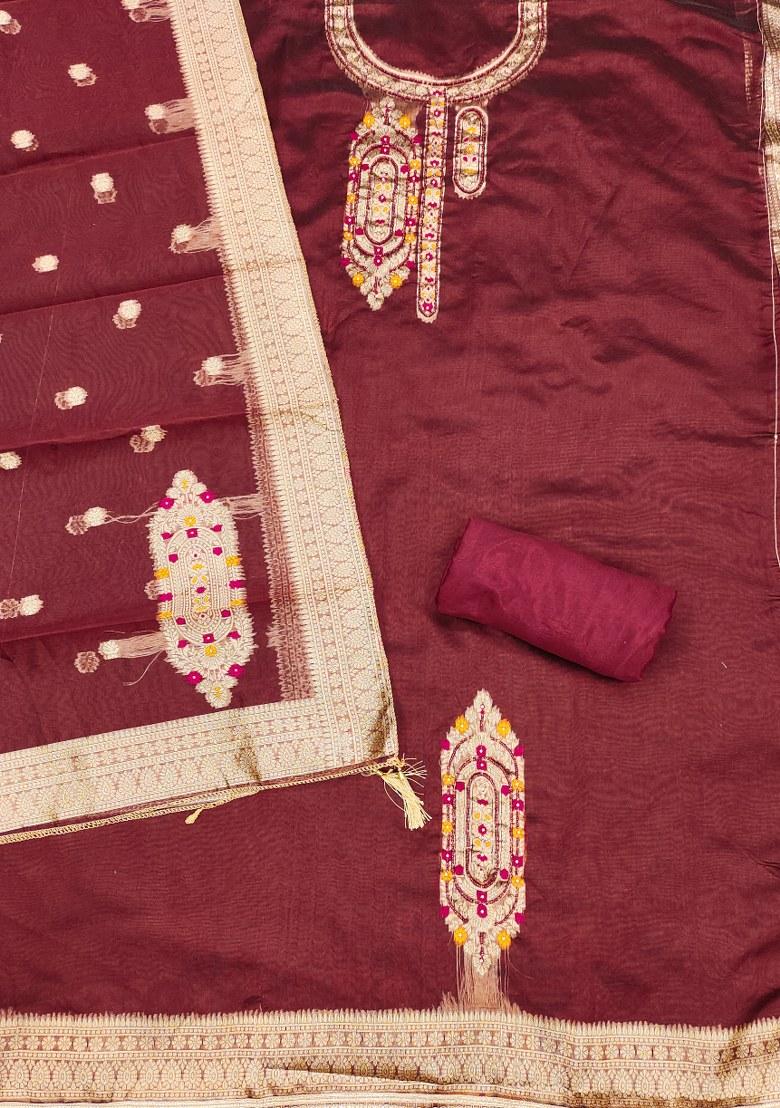 Maroon Embroidered Jacquard Dress Material - Indya