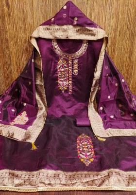 Purple Embroidered Jacquard Dress Material