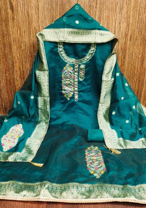 Sea Green Embroidered Jacquard Straight Kurta Set