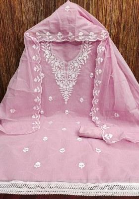 Baby Pink Embroidered Cotton Blend Dress Material