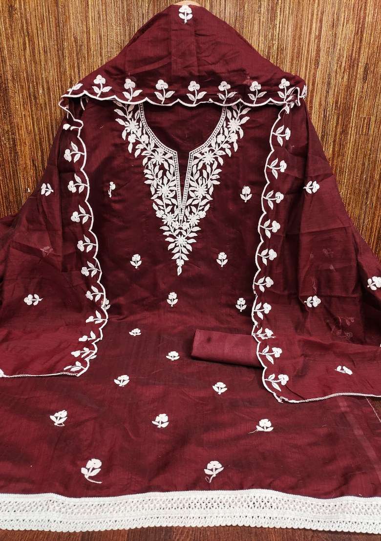 Maroon Embroidered Cotton Blend Dress Material - Indya