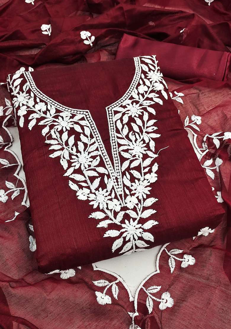 Maroon Embroidered Cotton Blend Dress Material - Indya