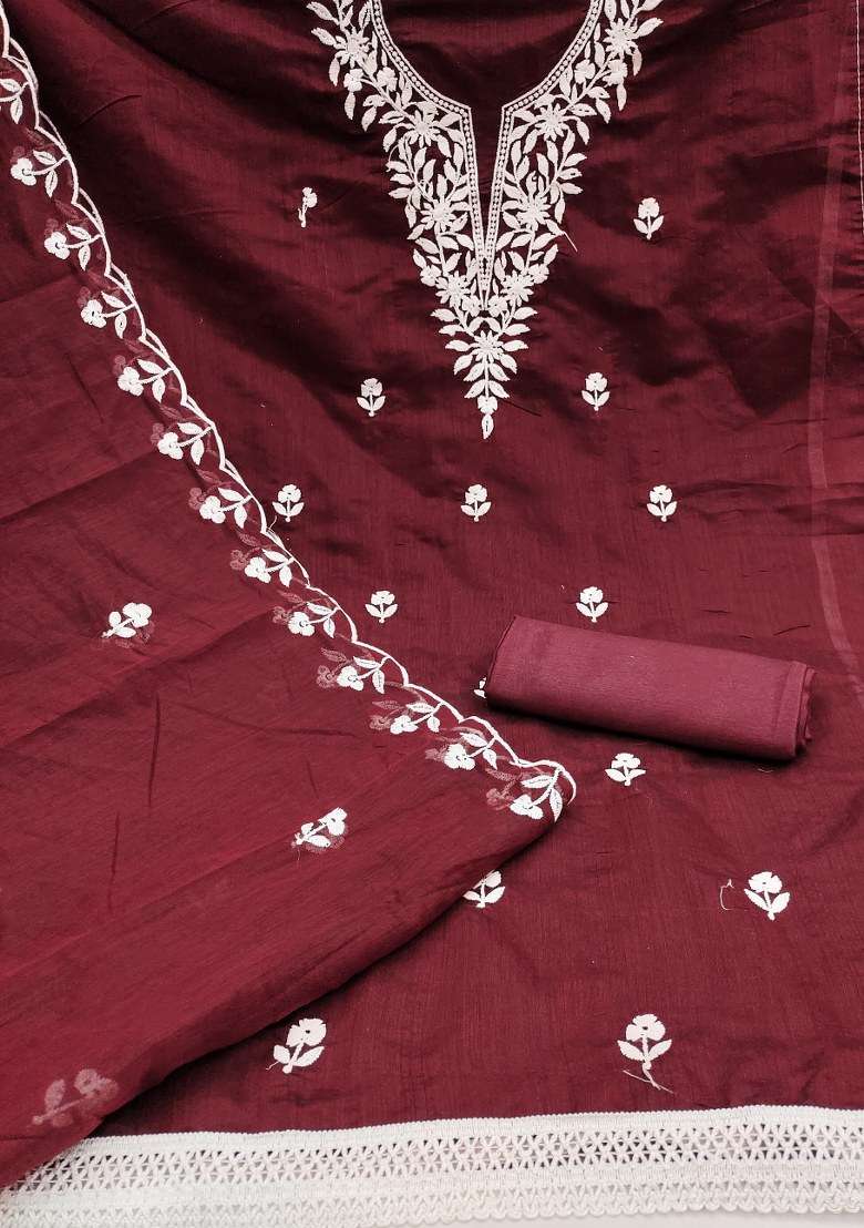 Maroon Embroidered Cotton Blend Dress Material - Indya