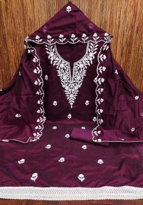 Purple Embroidered Cotton Blend Dress Material