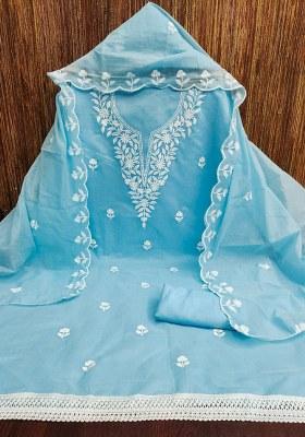 Sky Blue Embroidered Cotton Blend Dress Material