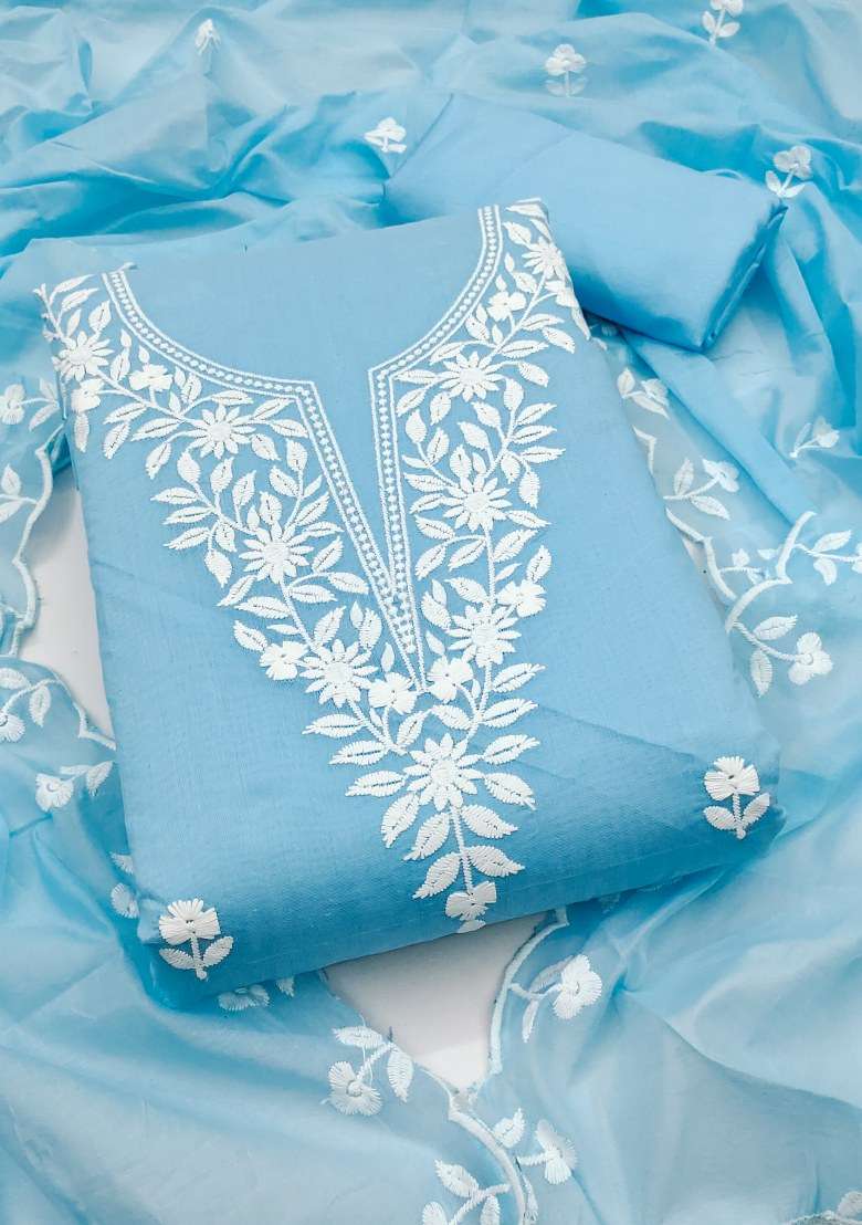 Sky Blue Chikankari Cotton Straight Kurta Set - Indya