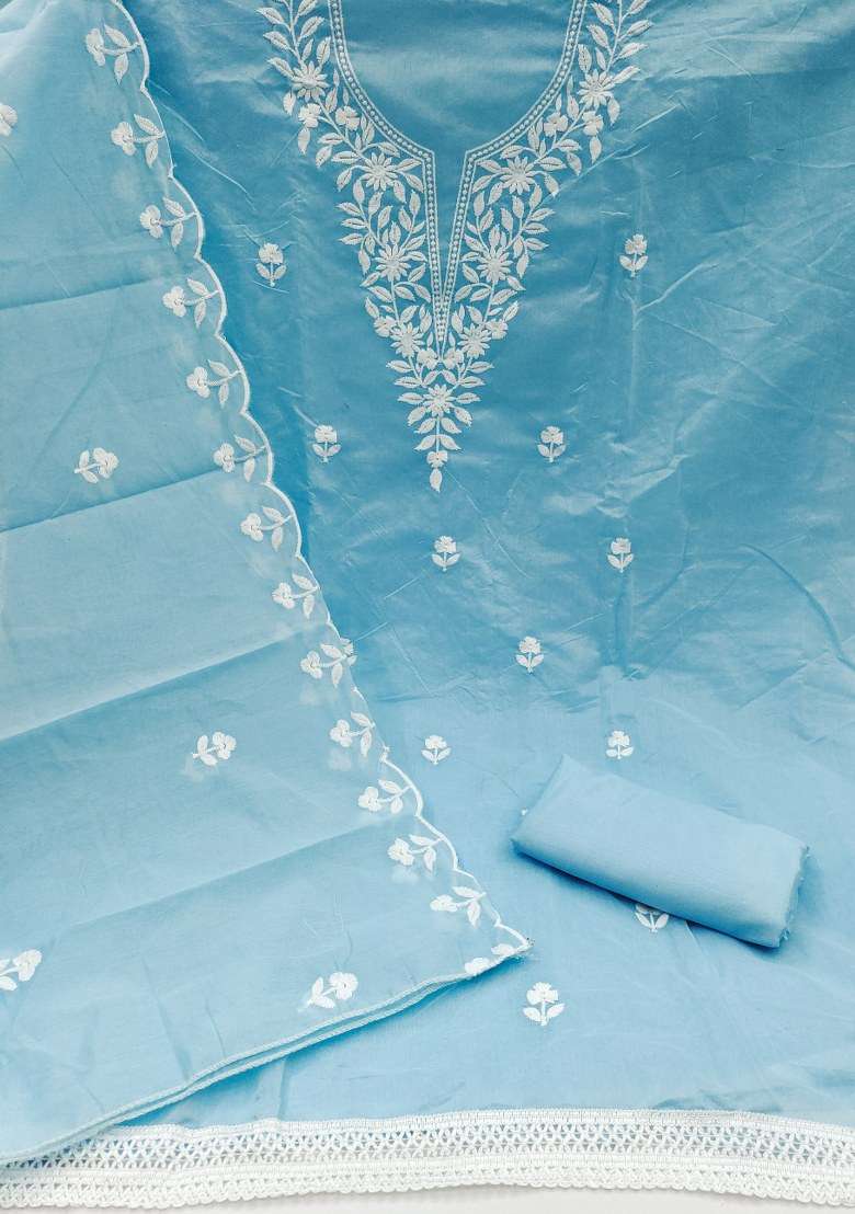 Sky Blue Chikankari Cotton Straight Kurta Set - Indya