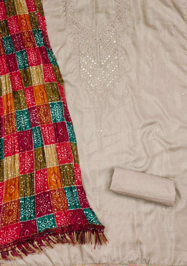 Grey Embroidered Blended Straight Kurta Set - Indya