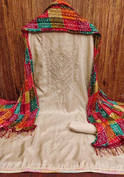 Grey Embroidered Cotton Blend Dress Material