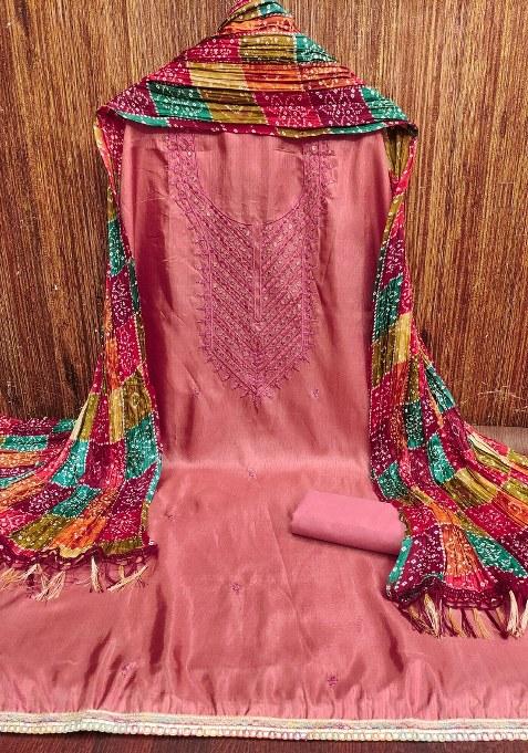 Pink Embroidered Blended Straight Kurta Set