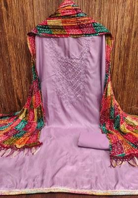 Purple Embroidered Cotton Blend Dress Material