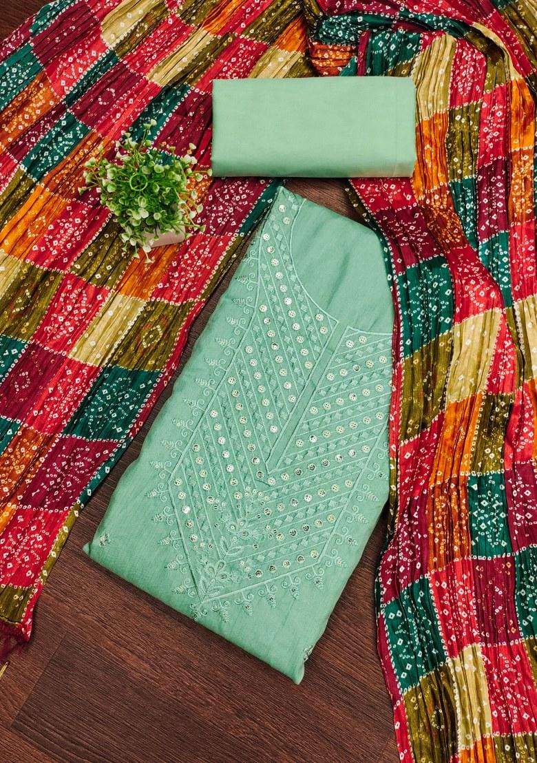 Sea Green Embroidered Cotton Blend Dress Material