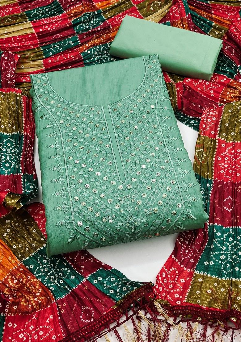 Sea Green Embroidered Cotton Blend Dress Material