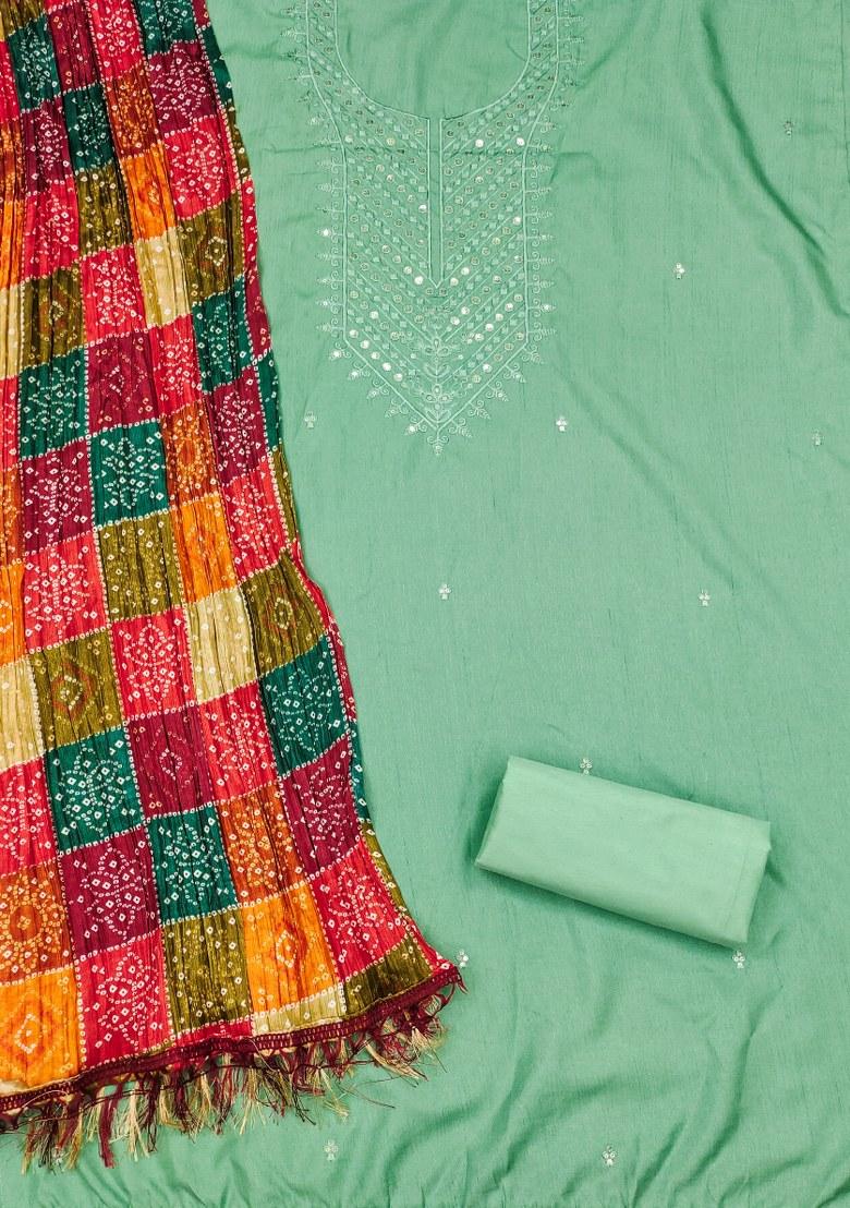 Sea Green Embroidered Cotton Blend Dress Material