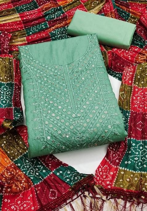 Sea Green Embroidered Cotton Blend Dress Material