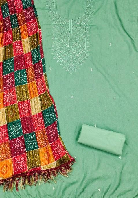 Sea Green Embroidered Cotton Blend Dress Material