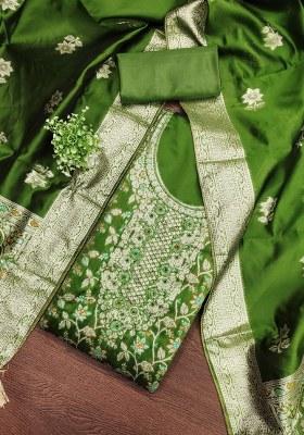 Green Embroidered Jacquard Dress Material
