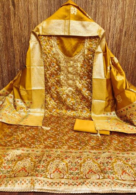 Mustard Zari Work Jacquard Straight Kurta Set