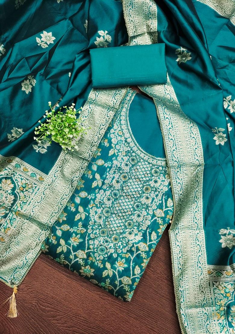 Sea Green Embroidered Jacquard Dress Material