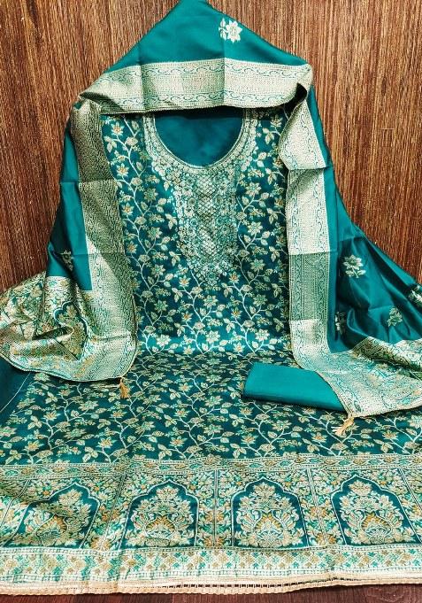 Sea Green Embroidered Jacquard Dress Material