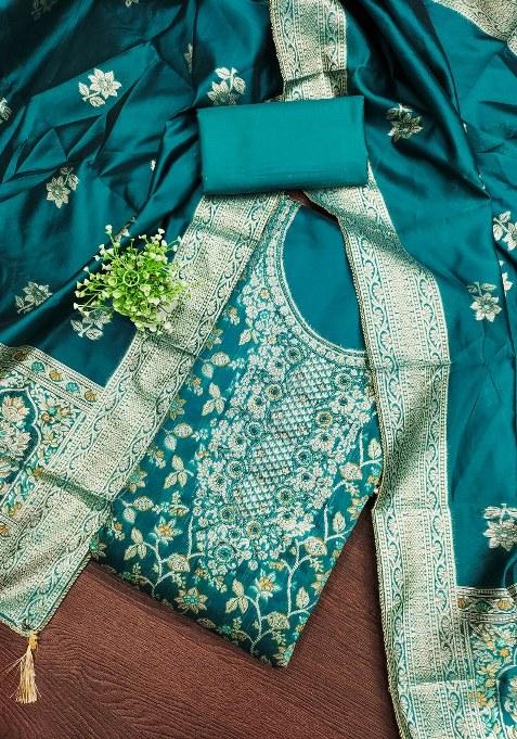 Sea Green Embroidered Jacquard Dress Material