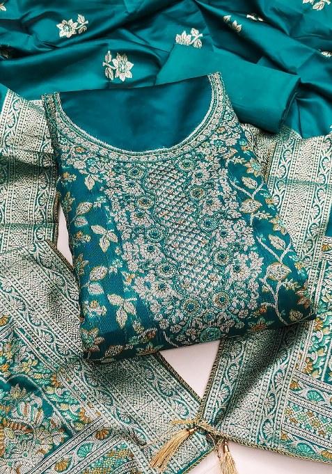 Sea Green Embroidered Jacquard Dress Material
