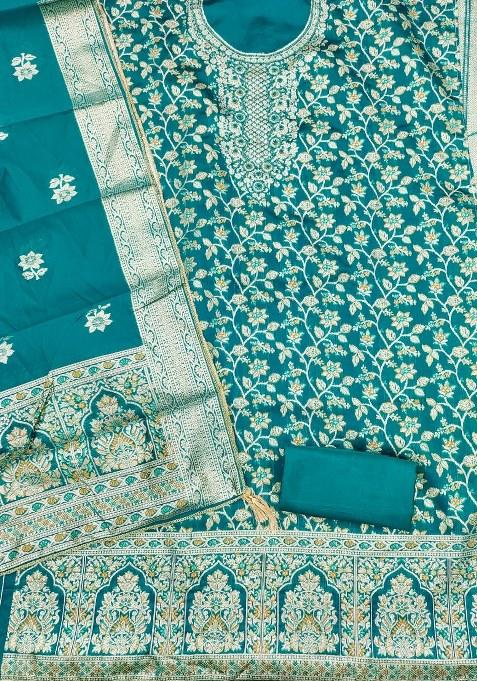 Sea Green Embroidered Jacquard Dress Material