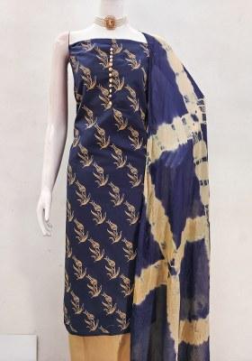 Blue Embroidered Cotton Blend Dress Material