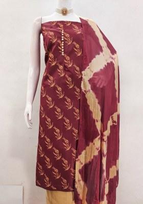 Maroon Embroidered Cotton Blend Dress Material