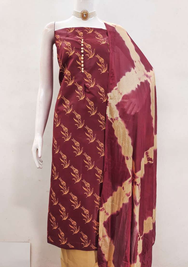 Maroon Printed Blended Straight Kurta Set - Indya