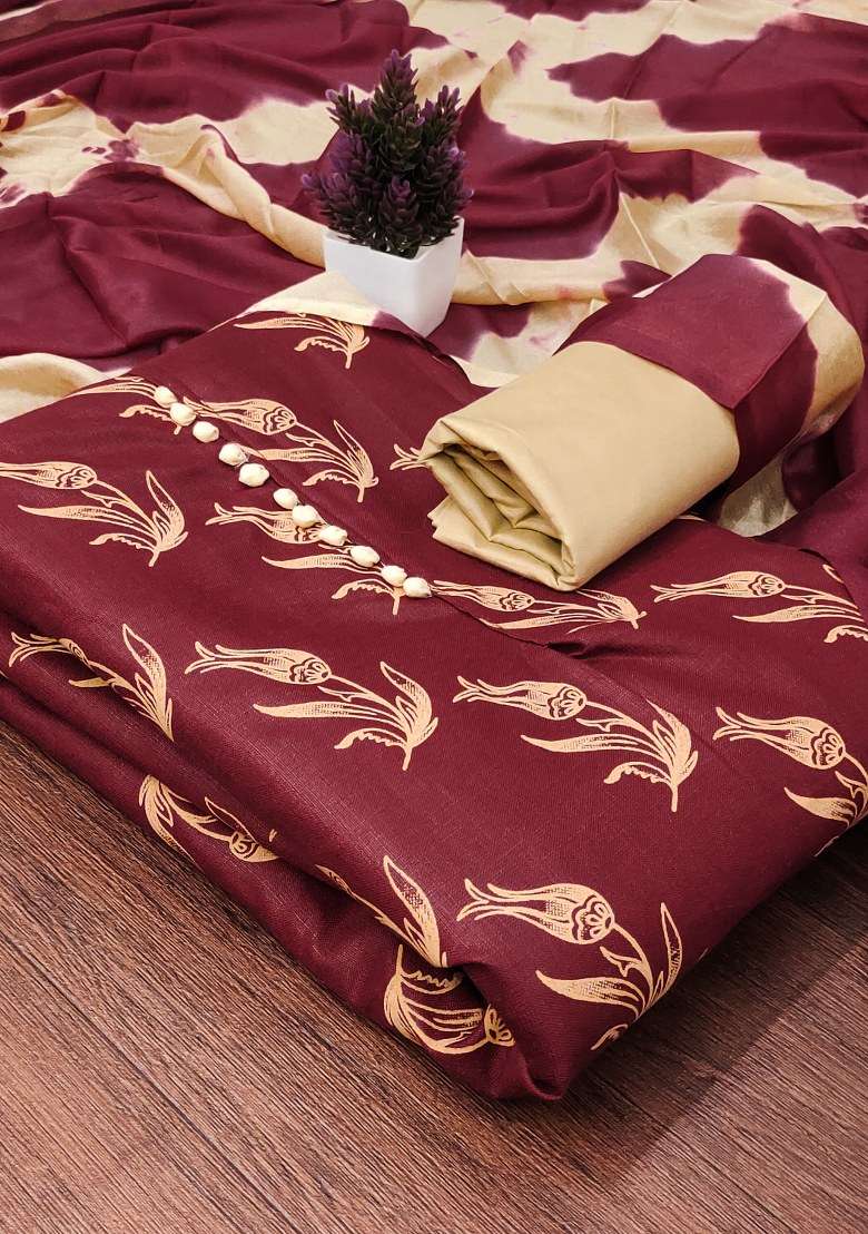 Maroon Printed Blended Straight Kurta Set - Indya