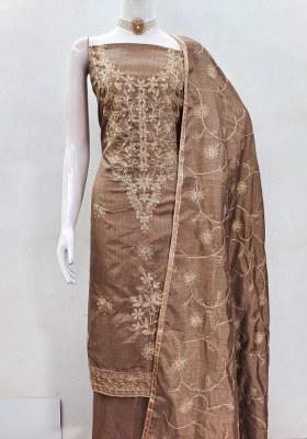 Brown Embroidered Silk Dress Material