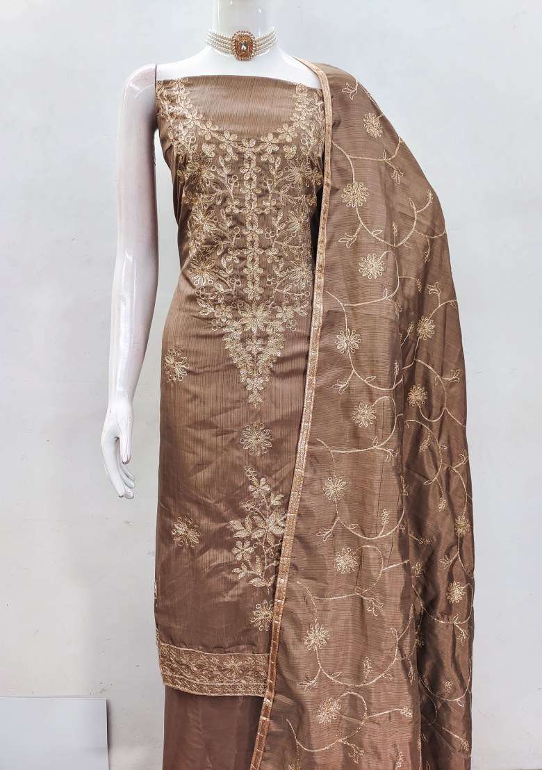 Brown Embroidered Silk Blend Dress Material - Indya
