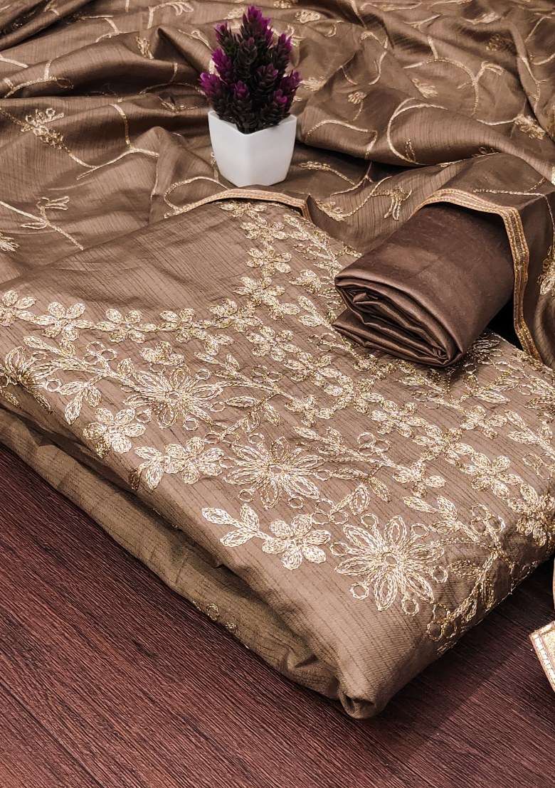 Brown Embroidered Silk Blend Dress Material - Indya
