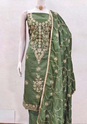 Green Embroidered Silk Dress Material