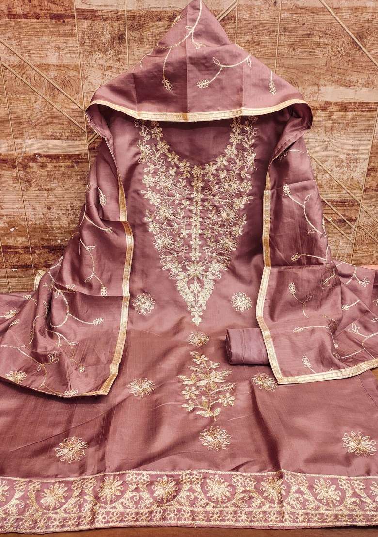 Purple Embroidered Silk Blend Straight Kurta Set - Indya