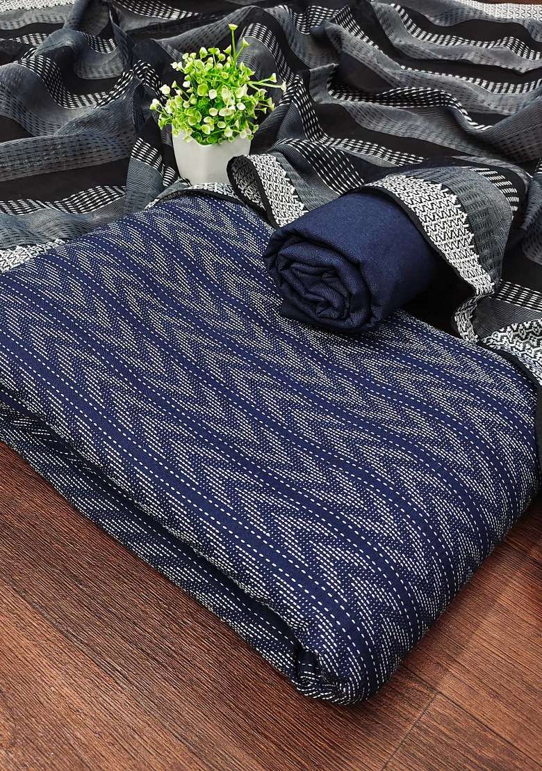 Blue Printed Blended Straight Kurta Set - Indya