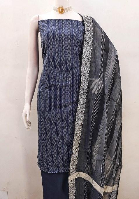 Blue Printed Blended Straight Kurta Set