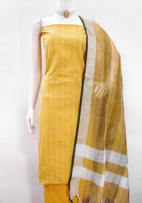Yellow Embroidered Cotton Blend Dress Material