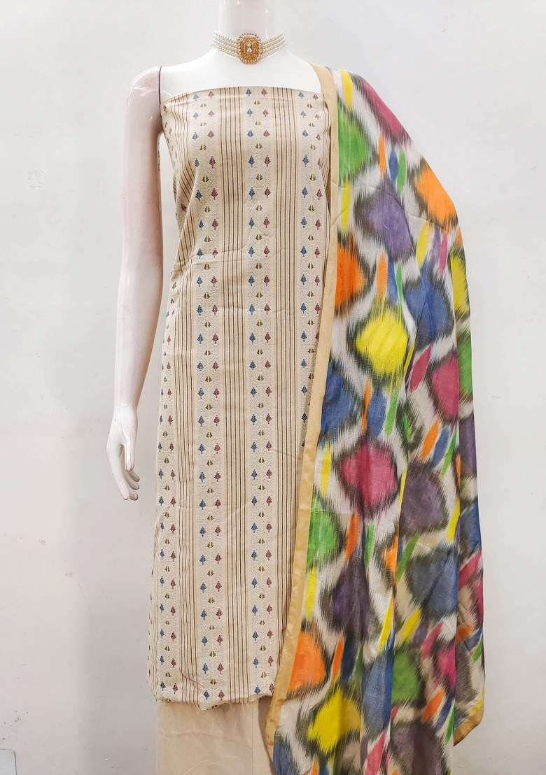 Beige Embroidered Cotton Blend Dress Material - Indya