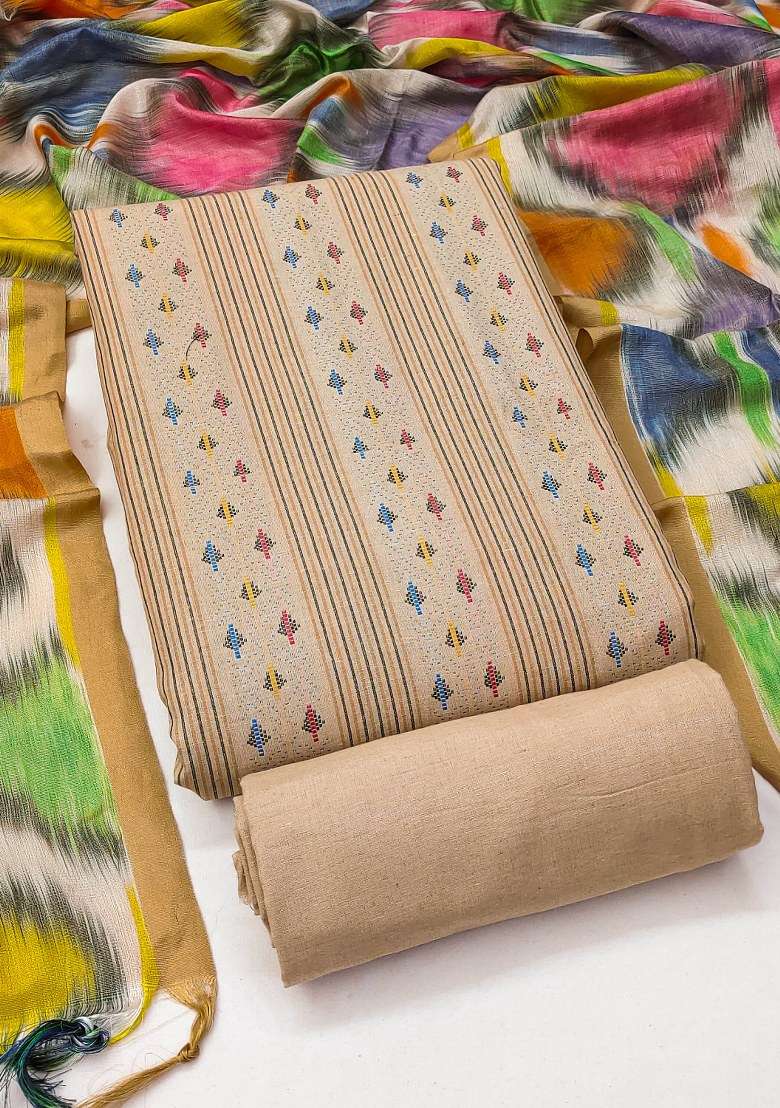 Beige Embroidered Cotton Blend Dress Material - Indya