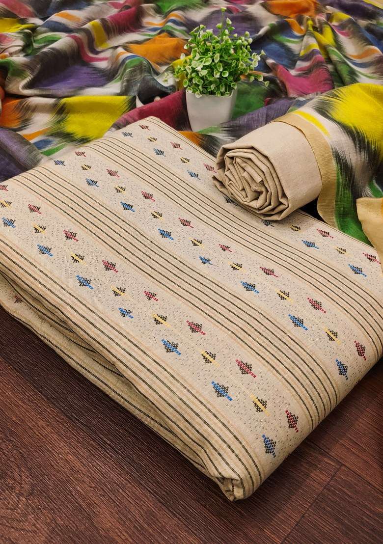 Beige Embroidered Cotton Blend Dress Material - Indya