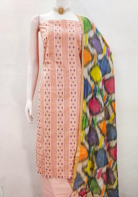 Peach Embroidered Cotton Blend Dress Material